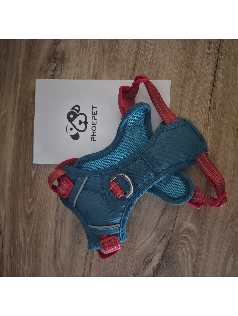 PHOEPET XS Dog Harness with Red Adjustable Straps and Teal Mesh Padding